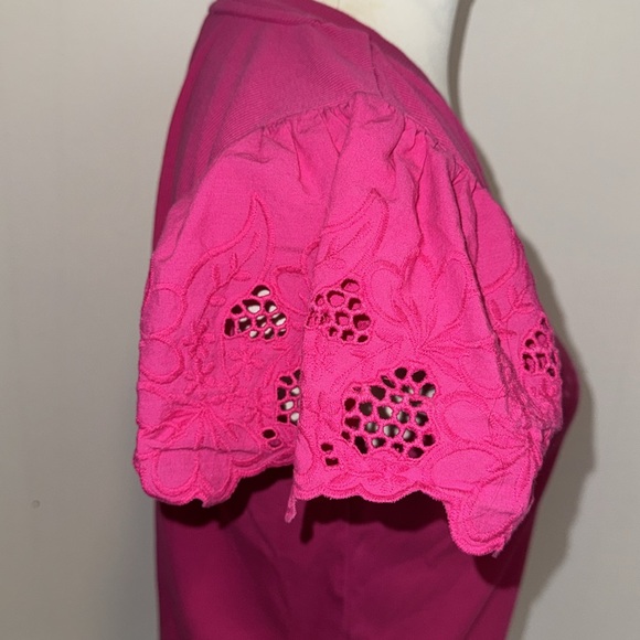 Loft Fuchsia Eyelet Short Sleeve Mixed Media V-Neck Top - Picture 3 of 11